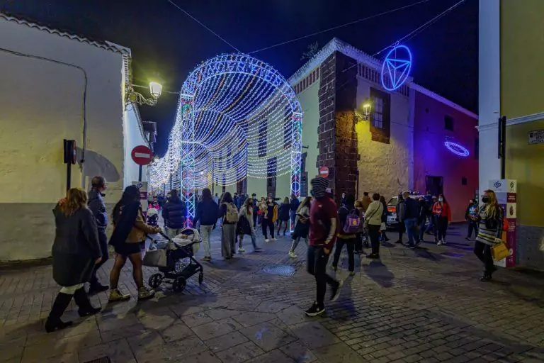 La Laguna, Tenerife, Spain - November 28, 2020: Night streets decorated for christmas and new year during a pandemic. Walk through the pre Christmas La Laguna, the old capital of Tenerife.