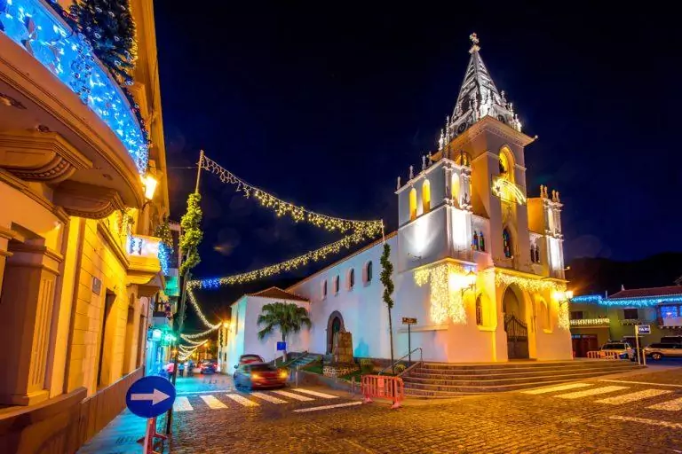 Los Silos, Tenerife island, Spain - December 30, 2015: Los Silos village on the northwestern pat of Tenerife island illuminated and decorated on the evening before New Year celebration in Spain